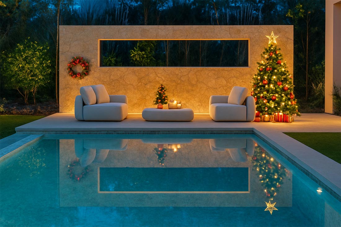 Weihnachtlich dekorierter Pool mit Lounge-Sesseln und Weihnachtsbaum bei Nacht