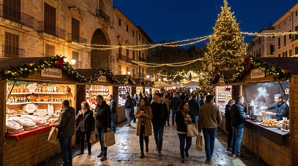 Weihnachtsmarkt auf Mallorca mit beleuchteten Marktständen am Abend